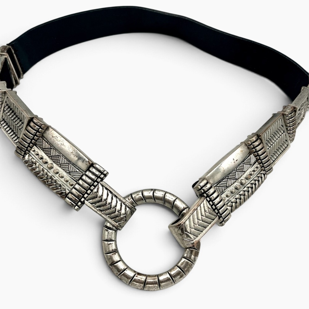 Chicos Womens Size S Black Genuine Leather Western Boho Silver Tone Metal Belt